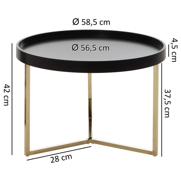 Rootz soffbord 58,5x42x58,5cm svart - guld soffbord metall runt - Designer retro soffbord modernt - Litet loungebord med metallram - Runt brickbord me