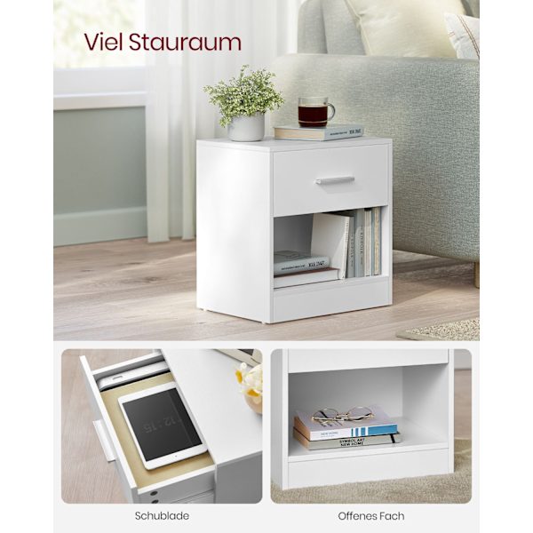 Rootz spånplade sidebord - Klassisk hvidt natbord - Sengebord - Robust konstruktion - Rigelig opbevaring - Nem montering - 28cm x 39cm x 41cm