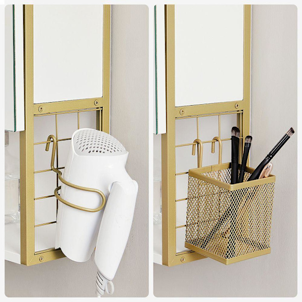 Rootz Spegelskåp - Badrumsskåp - Väggspegelskåp - Spegelskåp Med Belysning - Badrumsförvaringsskåp - Spånskiva/Stål/Glas - Vit-Guld - 70 x 14,5 x 70 c