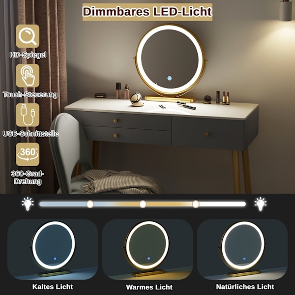 Rootz justerbart toalettbord med LED-spegel och sammetspall - Sminkbord - Justerbar belysning, gott om förvaring, ergonomisk design - 100 cm x 122 cm