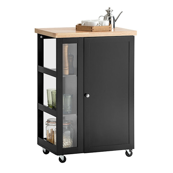 Rootz keittiövaunu - Sivuvaunu - Tarjoilukärry - Säädettävät hyllyt - Siirrettävä säilytystila - Lukittavat pyörät - Musta MDF ja lasi - 60cm x 90cm x