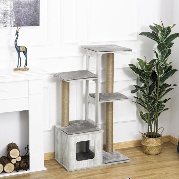 Rootz Cat Tree Kradsestolpe - Grå - Konstrueret træ, jute, plys - 26,38 cm x 15,16 cm x 44,88 cm