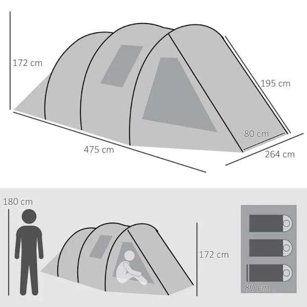 Rootz Campingtelt til 3-4 personer - Tunneltelt - To interiører - Netvinduer - Grøn - 4,75 x 2,64 x 1,72 m