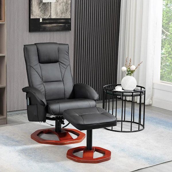 Rootz Massagestol - Afslapningsstol - Med fodskammel - 10 massagepunkter - Liggefunktion - Roterende sæde - Sort - 73 x 83 x 106cm