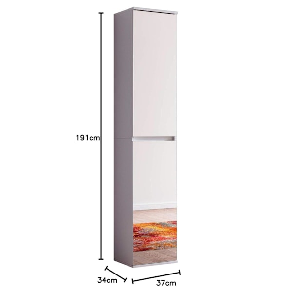 Rootz Mirror Wardrobe - Storage Closet - Reflective Cabinet - Mirror Cabinet - Shelving Unit - Storage Unit - Organizer - White Melamine - 37 x 191 x