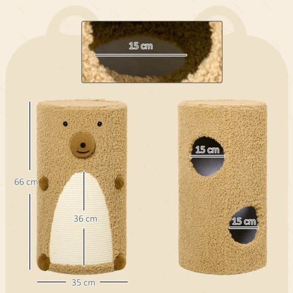 Rootz Bear Design Scratching Barrel - Cat Tower - 2 Cat Caves - 1 Scratching yta - Spånskiva - Vit + Brun - 35L x 35W x 66H cm