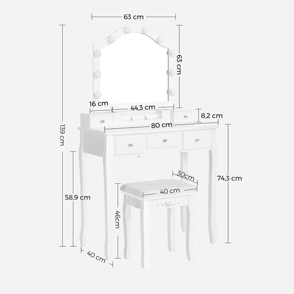 Rootz Sminkbordsset - Sminkbord - Pall - Spegel - Belysning - Förvaringslåda - 6 fack - 5 lådor - Vit - Bearbetat trä - 80 x 40 x 139 cm