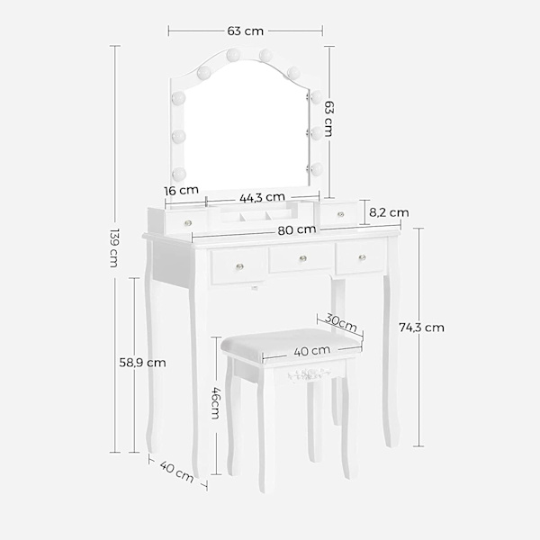 Rootz Toiletbordssæt - Make-upbord - Taburet - Spejl - Belysning - Opbevaringsboks - 6 rum - 5 skuffer - Hvid - Forarbejdet træ - 80 x 40 x 139 cm