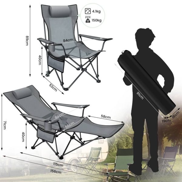 Rootz Ultimate Outdoor Folding Camping Chair - Justerbar Hvilestol - Bærbar Lounge Chair - Let, holdbar, forbedret komfort - 120 cm x 89 cm x 84 cm (s