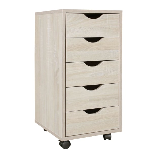 Rootz-rullakontti 33 x 64 x 38 cm MDF-puuta 5 laatikkoa sonoma - Nykyaikainen laatikkokontti pyörillä - Jalustakonttikontti toimistokontti