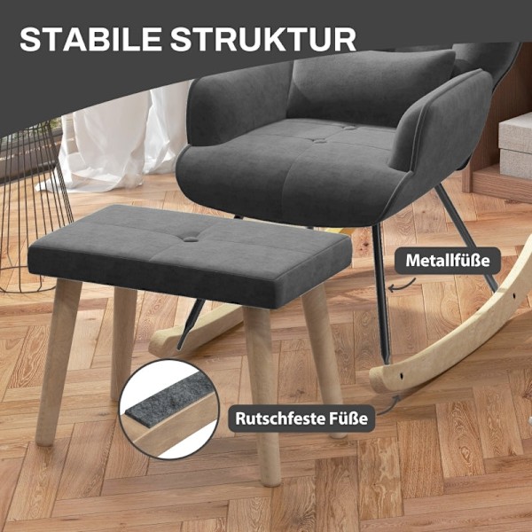 Rootz Lounge Stol och Pall Set - Modern Fåtölj - Klädd vilstol - Sammetsstoppning - Gummiträben - Mörkgrå - 66cm x 96cm x 101cm