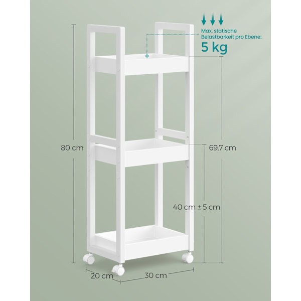 Rootz White Storage Cart - Rullvagn - Utility Cart - MDF och bambu - Lätt - Rymlig - Enkel montering - 20cm x 30cm x 80cm