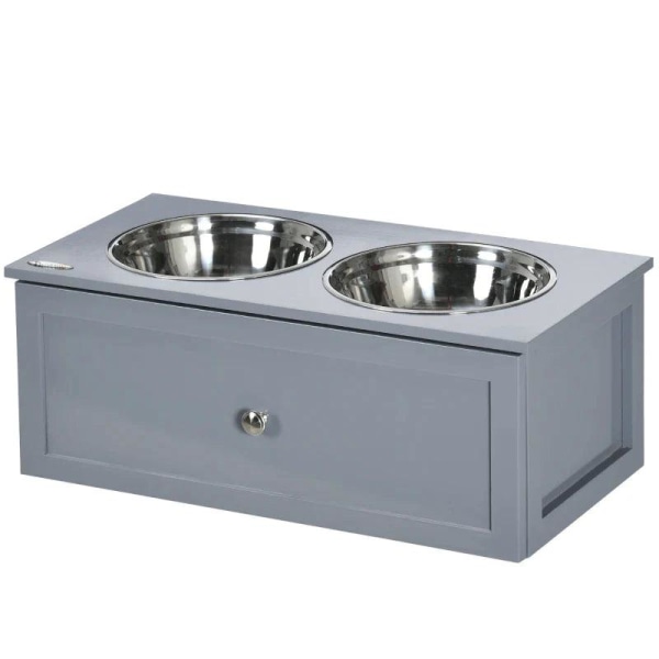 Rootz Foderstation - Forhøjet foderstation - 2 foderskåle hver 2 liter - Rustfrit stål - Med skuffe - Til mellemstore hunde - Grå - 60 x 30 x 24 cm