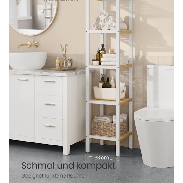Rootz 5 -niveau badeværelse hylde - opbevaringsstativ - Organisering af stativ - Rumbesparende - Hvid, brun - 33 x 33 x 146 cm