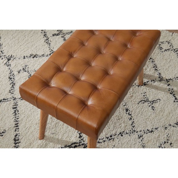 Rootz pall 67x47x39 cm mango massivt trä - äkta läder Chesterfield design - Läder pall brun - Sido pall pall utan ryggstöd Country fotpall