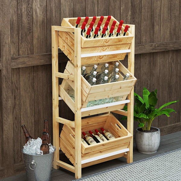 Rootz Beverage Crate Shelf - Träagringsstativ - 3 -Tier Box Organizer - Natural Spruce Wood - 56 x 32 x 112 cm - Perfekt för fester & BBQS