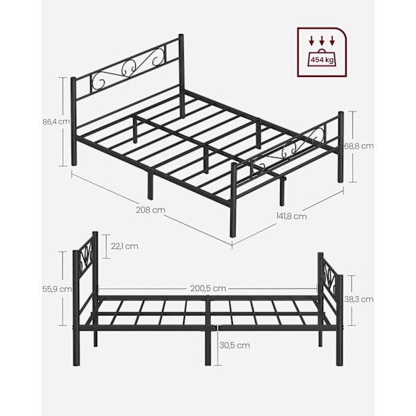 Rootz Sängram - Metallsäng - Bläck Svart - 454 kg Kapacitet - 208 cm x 141,8 cm x 86,4 cm - Instruktioner och tillbehörspaket