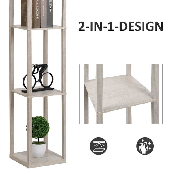 Rootz Gulvlampe - Ståhylde - 3 hylder - Indvendig belysning - Stuelampe - Eg/Hvid - 26 x 26 x 160 cm