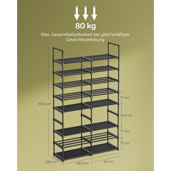 Rootz Skoställ Organizer - Förvaringsställ - Skoställ - Stålram - Hyllor i non-woven tyg - PP plastkontakter - 29,5 cm x 86,9 cm x 157,6 cm - Bläck Sv