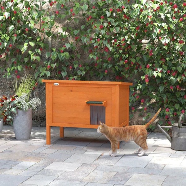 Rootz Cat House - Utomhus katthus - Väderbeständigt - 1 fönster - 1 ingång - Gran Wood - Orange + Grön - 85 x 50 x 68,5 cm