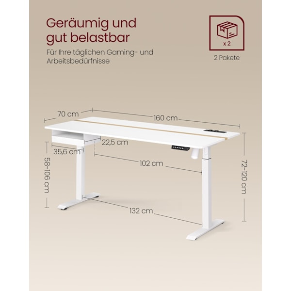 Rootz elektrisk stående skrivebord - Justerbart bord - Sit Stand-skrivebord - Spånplader og stål - 70cm x 160cm x (72-120)cm - Cloud White-Golden Oak