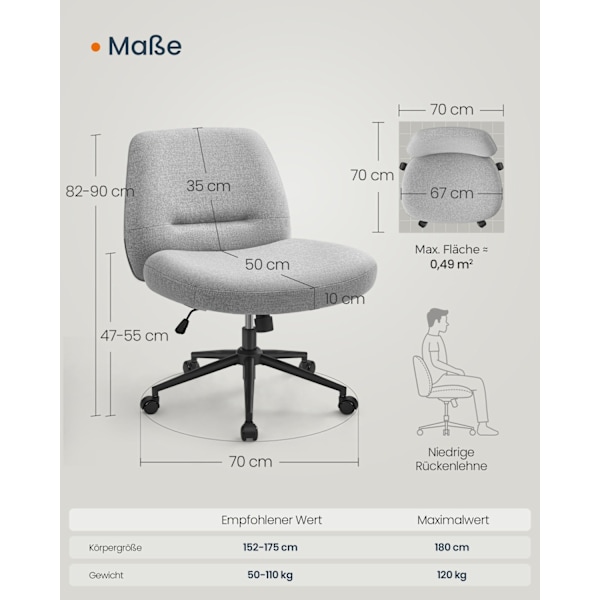 Rootz kontorstol med bred sæde - Grå stol - Ergonomisk stol - Stålstel - Bomuld-hør-blanding - Justerbar højde - 70 cm x 70 cm x (82-90) cm