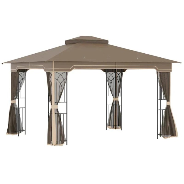 Rootz Gazebo - Puutarhapaviljonki - Puutarhateltta - Juhlateltta - Hyönteisverkot ja kulmahyllyt - Metalli/polyesteri - Ruskea/Beige - 3,7 x 3 m
