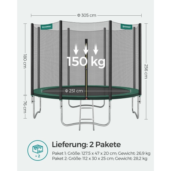 Rootz 305cm Trampolin - Have Fun - Jumping Fitness - Sikkerhedsnet - Galvaniseret stålramme - 305cm x 76cm - Sort-Grøn