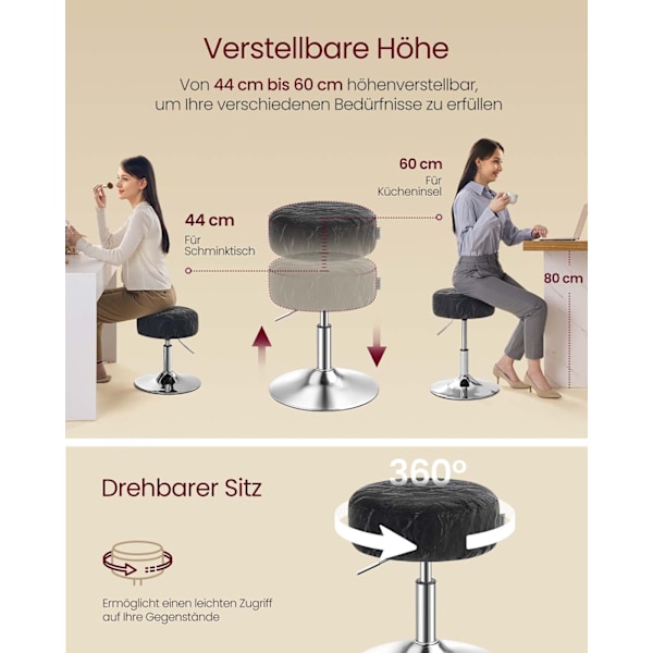 Rootz Makeup -jakkara - Kauneusjakkara - Vanity -tuoli - Korkeuden säädettävä ja pyörivä - 38 cm D x 44-60cm H - Black
