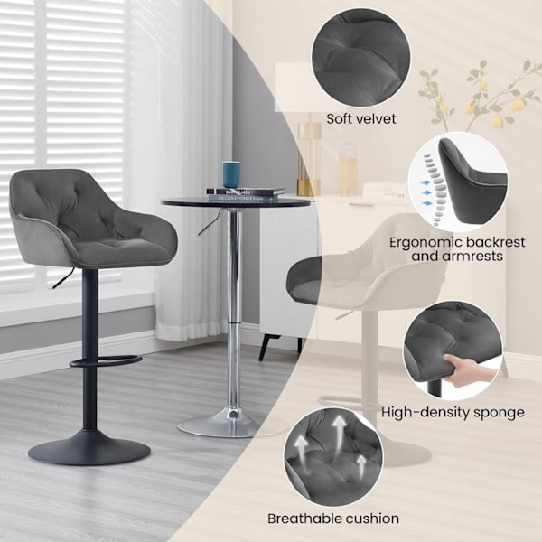 Rootz Ergonomic Justerbar Barpall - Bekväm sammetssits - Vridbar bänkstol - Stabil metallbas - Modern design - Mörkgrå/svart - 37cm x 37,5cm x 84cm
