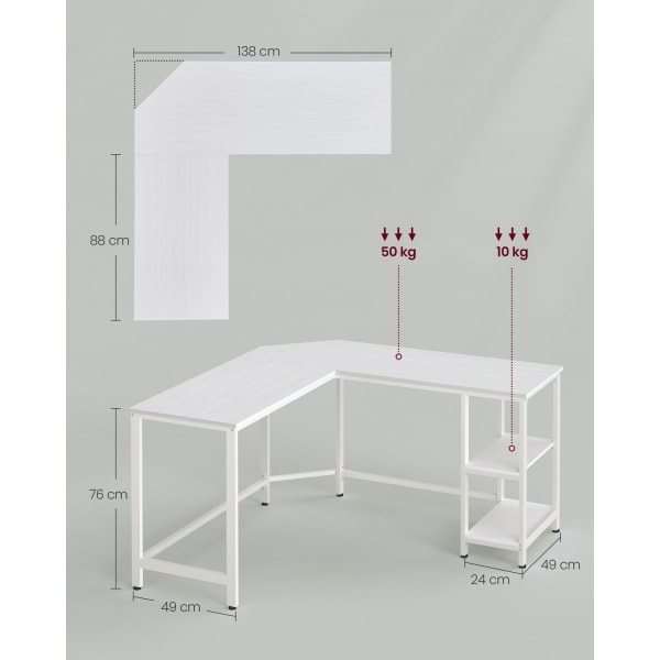 Rootz computerbord - Kontorbord - Studiebord - Spånplade og stål - Rummelig arbejdsflade - Robust konstruktion - Nem montering - Ahornhvid - 138cm x 1