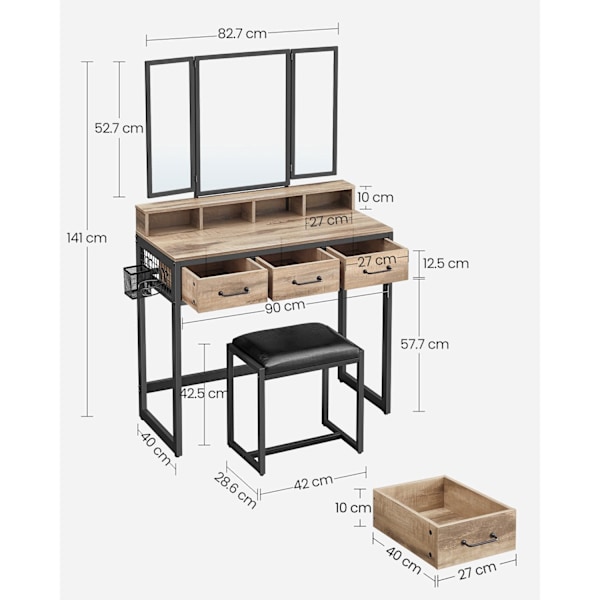 Rootz Vanity Set - Pesupöytä - Meikkipöytä - Lastulevyrakenne - Tammiruskea-musta viimeistely - Moderni Glam Style - 40cm x 90cm x 141cm