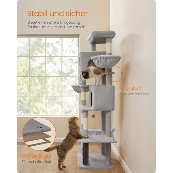 Rootz Scratch Tree - Cat Climbing Tower - Feline Activity Center - 190,7 cm Hög - 2 grottor - 59 cm x 48 cm x 190,7 cm - Grå