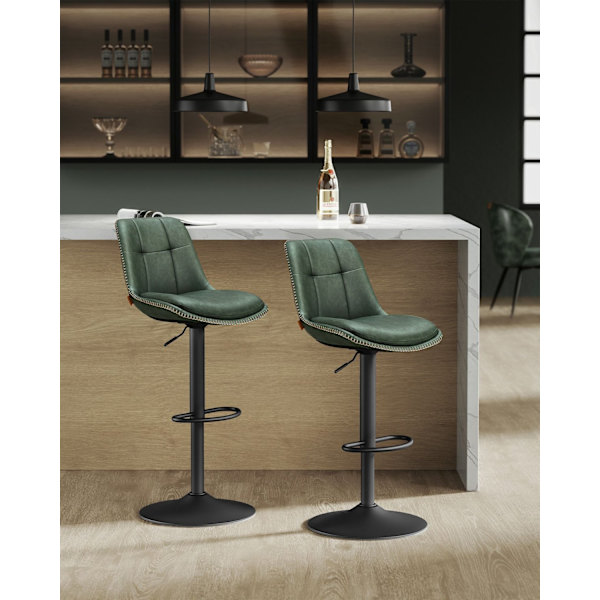 Rootz Forest Green PU Barstolar - Bänkstolar - Vridbara säten - Förkromat stål - Skumstoppning - Justerbar höjd - Ergonomisk design - 44cm x 48cm x (9