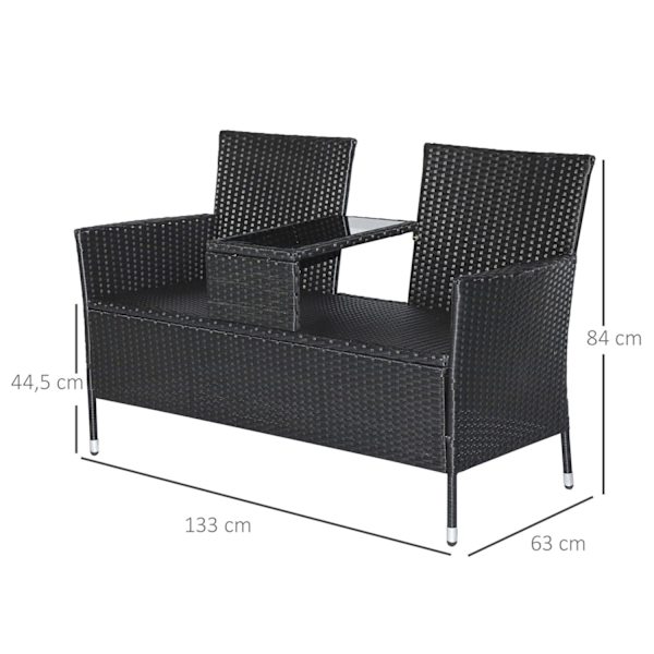 Rootz Polyrattan Lounge Havebænk - Sort, Beige - Polyrattan, Stål, Glas - 52,36 cm x 24,8 cm x 33,07 cm