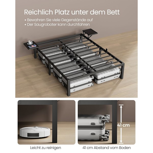 Rootz Classic Black Metal Sengeramme - Pulverlakeret sengeplads - Robust støtte - Nem montering - 190 cm x 140 cm x 41,3 cm
