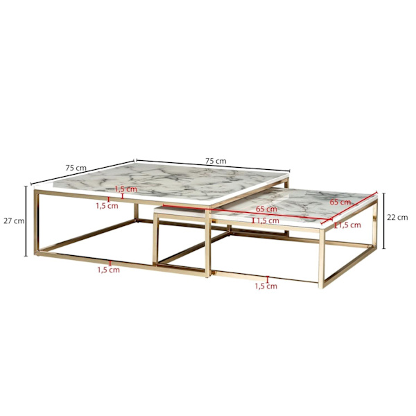 Rootz design sofabord sæt med 2 hvid marmor optik kantet - Sofaborde 2-delt bordstel metal guld - Ædle stueborde - Moderne redeborde