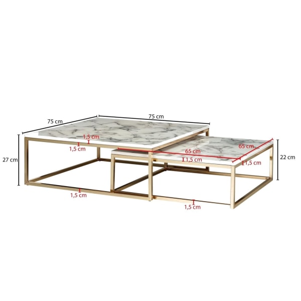 Rootz design soffbordsset med 2 vit marmoroptik kantig - Soffbord 2-delad bordsram metall guld - Ädla vardagsrumsbord - Moderna häckbord