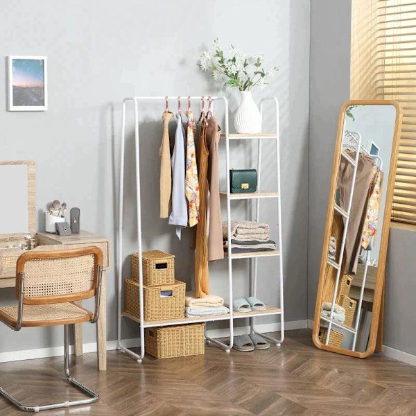 Rootz-vaateteline - Vaateteline - Takkiteline - 5 hyllyä - 1 vaatetanko - Natural + Valkoinen - 101 cm x 39 cm x 160 cm