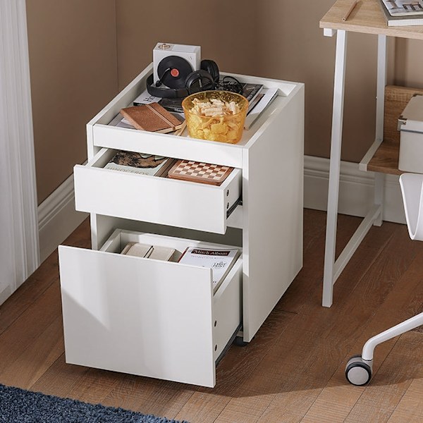 Rootz Mobile Office Cart - Sidobord med hjul - Skrivarställ - Förvaringslådor - Låsbara hjul - Enkel montering - Vit - 40cm x 54cm x 40cm