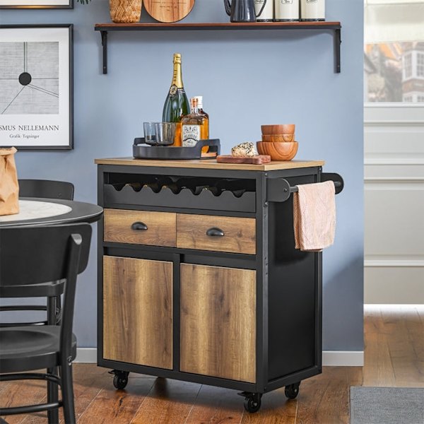 Rootz Kitchen Trolley Cart - Förvaringsvagn - Kitchen Island - MDF och metall - Handduks- och flaskställ - 89cm x 87cm x 40cm