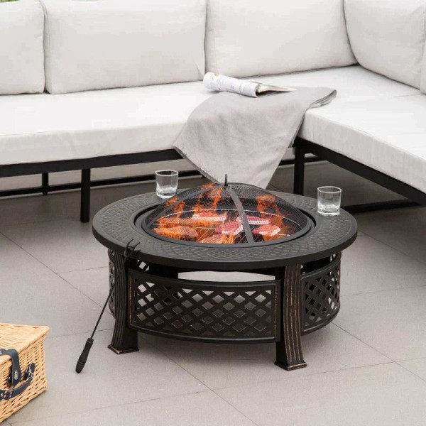 Rootz Fire Pit - Fire Bowl - Palokori - Tulipöytä - Pyöreä tulikuoppa - Puutarhatelttailua varten - Grillausmahdollisuus - Pokerikipinäsuojalla - Terä