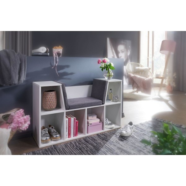 Rootz design hylly istuimella 101,5 x 61,5 x 30 cm valkoinen matta - Vapaasti seisova hylly harmaalla istuinpäällyksellä Penkki 6 lokerolla