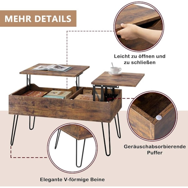Rootz Lift Top Sofabord - Skjult opbevaring - Rustikt trælook - Spisebord - Metalben - 115cm x 60cm x 75cm