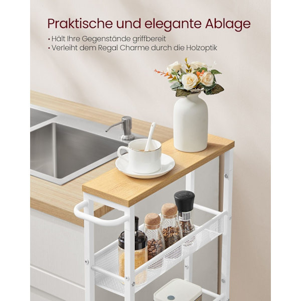 Rootz Oak White Trolley - Rullvagn - Bärbar förvaring - Spånskiva och stål - 13 cm x 45,4 cm x 99,6 cm - Lättvikt - Max belastning 12,5 kg