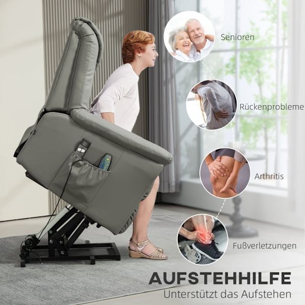 Rootz Elektrisk TV-stol med stigare - Massagefåtölj - Värmefunktion - Ståhjälp - Imiterat läder - 93cm x 95cm x 106cm