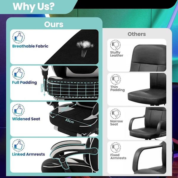 Rootz Gaming Chair med Fotstöd - Kontorsstol - Justerbar fällbar sits - Ergonomisk design - Leathaire Tyg - 55cm x 51cm x 76,5cm