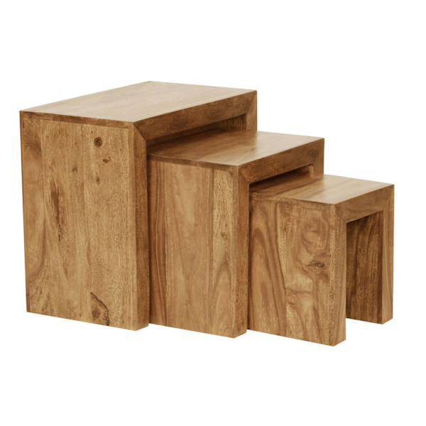 Rootz set med 3 häckande bord i massivt trä akacia vardagsrumsbord lantlig sidobord mörkbrunt naturligt trä