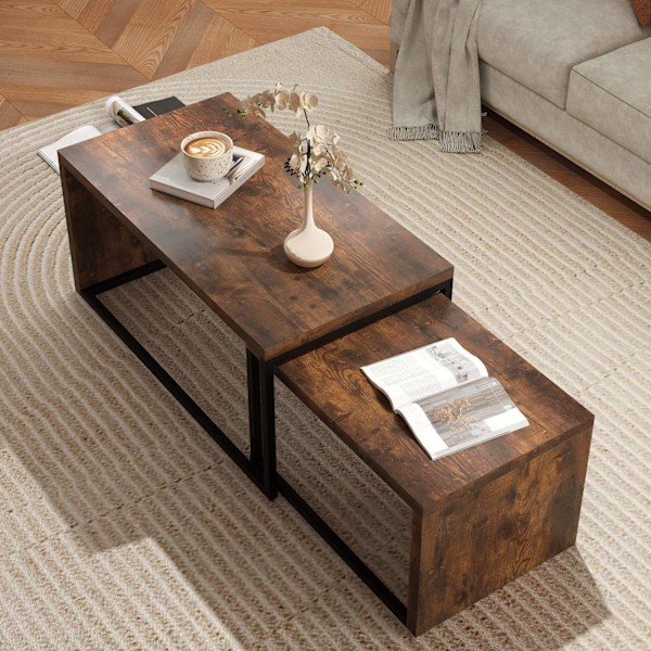 Rootz -uppsättning av 2 soffbord - soffbord - sidobord - Modern stil - MDF & metall - 90 x 48 x 42 cm / 59 x 42 x 36 cm - svart + brun