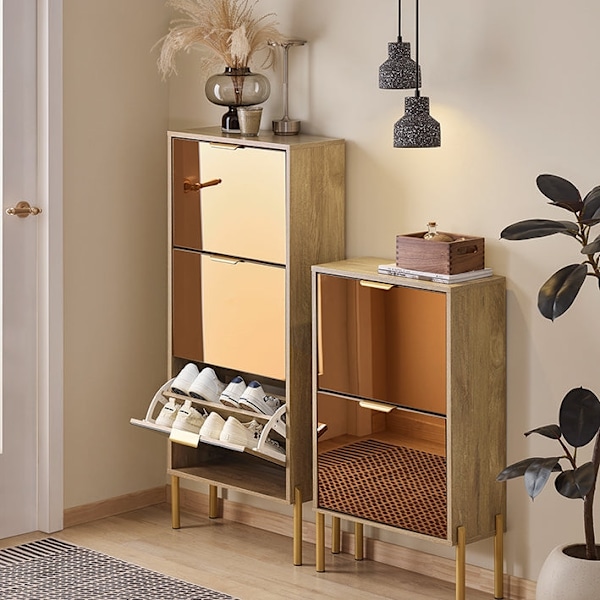 Rootz Shoe Storage -kaappi - kenkäjärjestäjä - kenkäteline - kultaiset lasiovet, metallijalat, vakaa muotoilu - 55x124x24cm